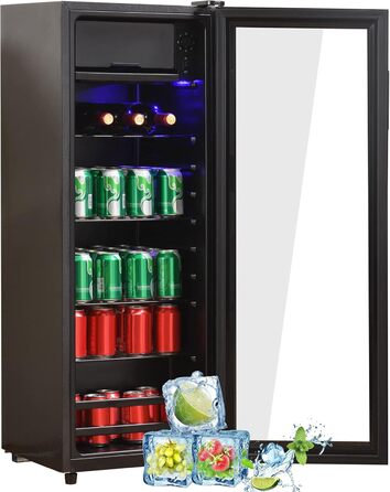 Холодильник Merax 128L, окремо розташований, з морозильником 8L, LED-підсвічуванням та регульованими полицями, супертихий, для ресторану, бару, напоїв та пива, чорний