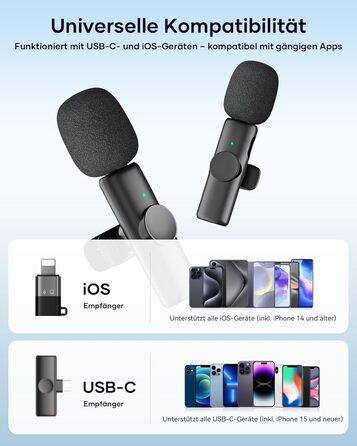 Беспроводной петличный микрофон 2 шт. для iPhone, iPad, Android, YouTube, TikTok, с шумоподавлением, Plug & Play, для видео, подкастов, черный