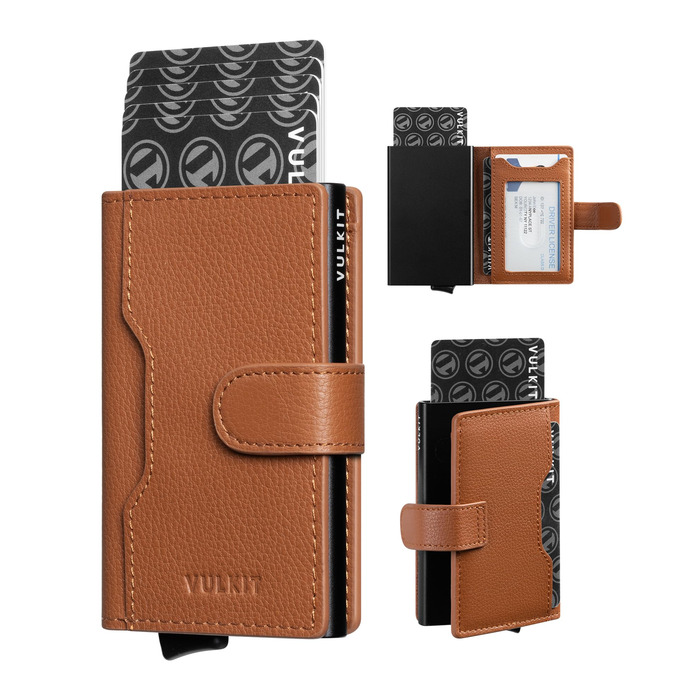 Чоловіче картхолдер VULKIT з RFID блокуванням, шкіряний, на 3 картки та віконце для ID, з магнітною застібкою, червоний (справжня шкіра Litchi)