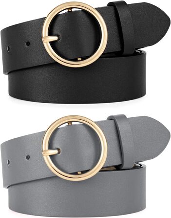 Жіночі шкіряні ремені WERFORU: 2 шт. для джинсів та штанів, з золотою кільцевою пряжкою. Розміри: 65-75 см та 76-86 см (чорний+сірий)