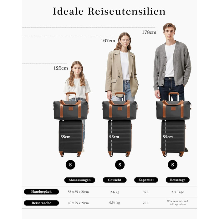 Набір валіз COOLIFE: велика (55x35x20 см) + маленька (40x25x20 см) для ручної поклажі Ryanair & Easyjet, ABS, 2 шт, з TSA замком, чорний/коричневий