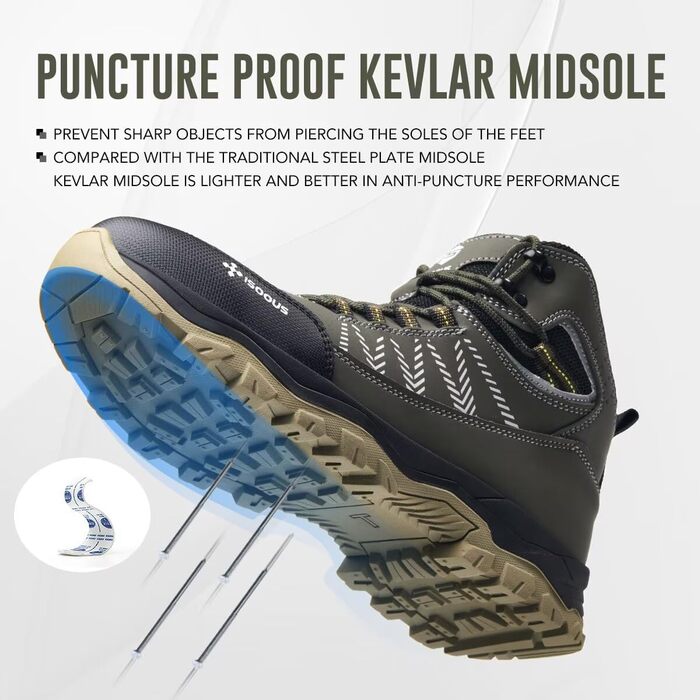 Черевики робочі чоловічі ISOOUS, високі, захисні, для жінок та чоловіків, легкі, зі сталевим підноском, антиковзаючі (43 EU, армійний зелений)