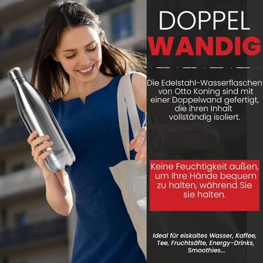 Термос-термопляшка з нержавіючої сталі Otto Koning, 1000 мл, подвійні стінки, вакуумна ізоляція, BPA-free, сріблястий