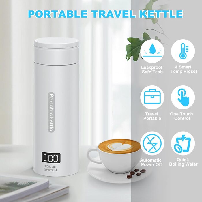 Flintronic Travel Electric Kettle, 380ML Mini Electric Kettle, 220 V / 300W Thermos Flask, 304 Stainless Steel Liner, Small Portable Electric Kettle with Automatic Shut-Off