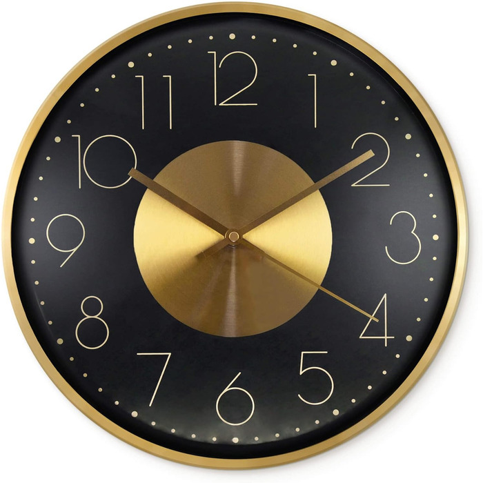 Modern Silent Aluminum Wall Clock 30 cm Diameter without Ticking Sounds for Living Room, Bedroom and Office (Gold Black)