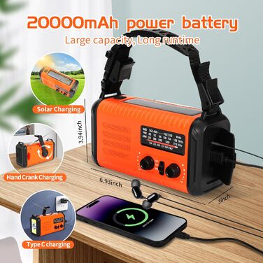 Радіо на сонячних батареях Notfallradio з ручним генератором, 20000mAh, AM/FM, ліхтарик, SOS, зарядка для телефону - помаранчеве