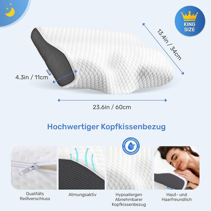 Подушка для шиї Derila, подушка для голови, Memory Foam, оригінальна. Ергономічна подушка, подушка для підтримки шиї, подушка для тих, хто спить на боці, спині та животі (King, 1 шт). Подушка Kingsize 60 x 34 см