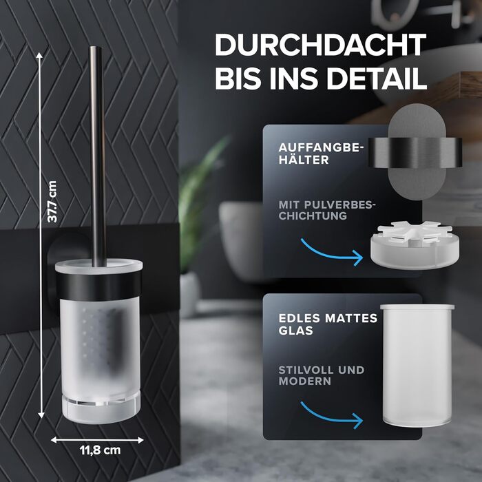 Набір для чищення унітазу Ovimar Finnkona: щітка, кріплення на стіну без свердління, силіконова щітка, функція вентиляції, сталь з порошковим покриттям, змінний насадок (Gunmetal, для кріплення)