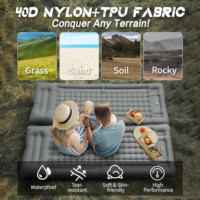 NHOWIN Self-Inflating Camping Mat - 12cm Thick, Ultralight with Pillow & Foot Pump - Compact, Waterproof, Anti-Ripstop Mat for Outdoor, Backpacking, Hiking