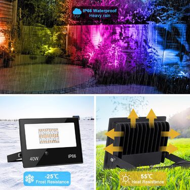 RGB LED Spotlight Outdoor 40W Floodlight with Remote Control, 120 Colors 5 Modes Color Changing Floodlight LED Indoor, 4000LM Cold White IP66 Waterproof Outdoor Spotlight for Garden, Backyard, Garage, Hallway - 2/Set