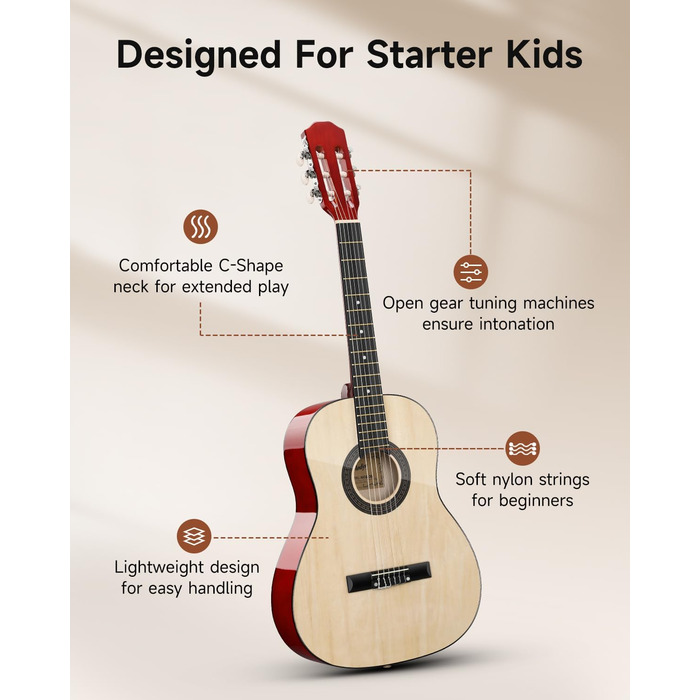 Акустична гітара Moukey для початківців, дітей, підлітків та дорослих, Cutaway, повний комплект з тюнером, мешком, медіатором та нейлоновими струнами (36 дюймів, натуральний колір)
