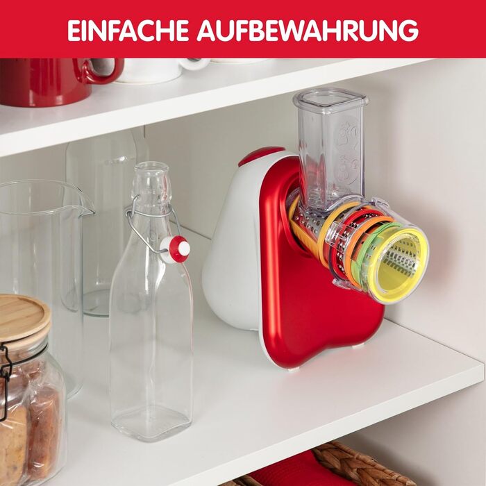 Moulinex DJ756G Fresh Express Plus: електричний овочевий слайсер та тертка, 5 насадок, 200W, червоно-білий