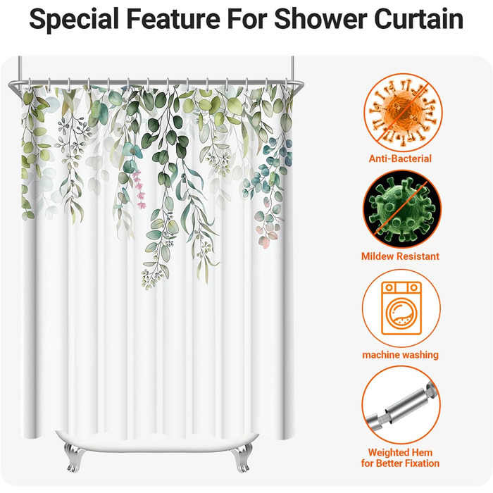 Штора для душу 200x200 см, зелені листки, антигрибкова, водовідштовхувальна, текстильна, поліестер, з кільцями (12 шт.) для ванної кімнати