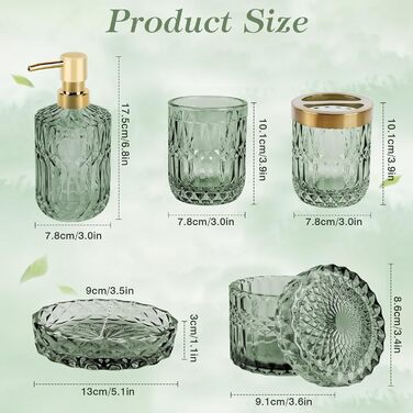 Набір аксесуарів для ванної кімнати NZZVNZ, 5 шт. - зелене скло, набір мильниць, дозатор мила, тримач для зубних щіток, контейнер для ватних паличок, склянка, декор для ванної кімнати, вінтажний подарунок