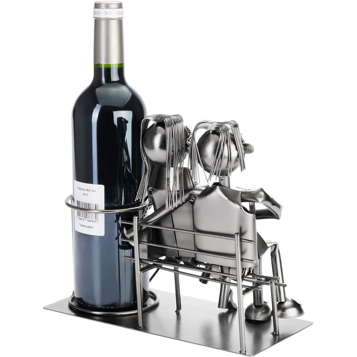BRUBAKER Bottle Holder Men Loving Couple on Bench - Wine Bottle Holder Silver - Metal Bottle Stand Love - Metal Sculpture Gift for Married Couples with Gift Card (Woman + Man)