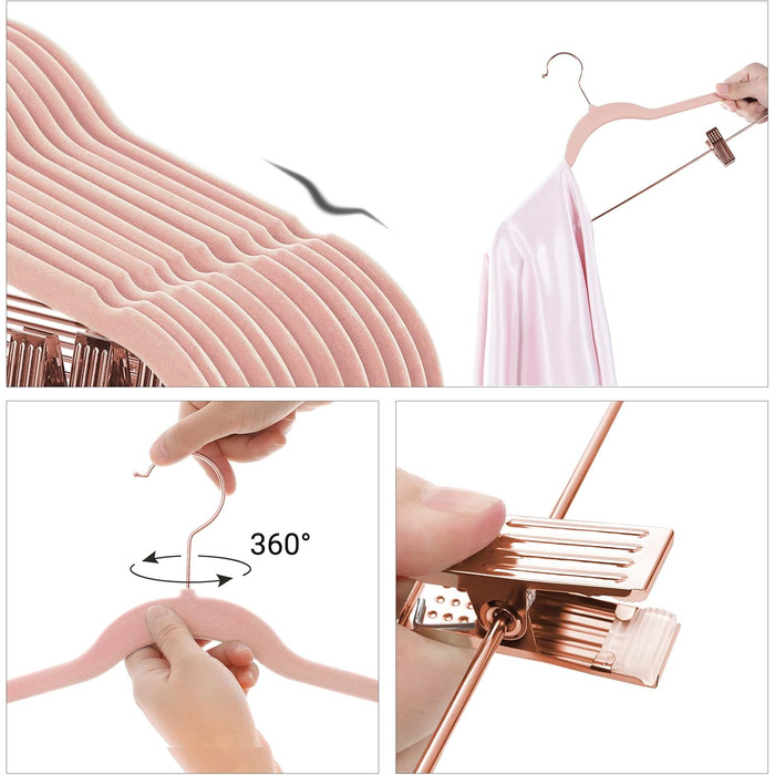 SONGMICS Clothes Hangers, 24 Pack, 42 cm, Clothes Hangers with Adjustable Clamps and Gold-Colored Hooks, Non-Slip, Space-Saving, for Skirts, Light Pink CRF14PK24, Standard, Pink (Light)