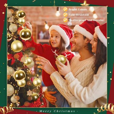 Набір прикрас для ялинки 141 шт., кульки для ялинки з пластику, матові, глянцеві, з блискітками, з вирізаним візерунком, ялинковий декор для дому та вулиці (золотий)