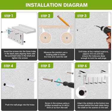 Дерев'яне ключниця з полицею, білий колір, 5 гачків, декоративна настінна полиця для прихожої, кухні, спальні