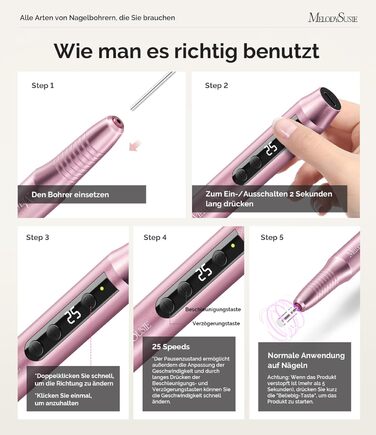 Електричний фрезер для нігтів MelodySusie PC180G Rose: професійний набір для манікюру та педикюру з LED-дисплеєм та 25 швидкостями