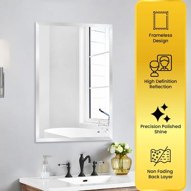 Дзеркало прямокутне скошеного краю без рами, 61 x 91,4 см. Скло безпечне, сучасний дизайн для ванної кімнати, спортзали, передпокої.