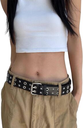 Жіночий шкіряний ремінь Punk з пряжкою, зірочками та дворядною конструкцією (чорний)