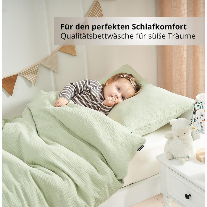 Набір постільної білизни для дитячого ліжечка Kinderbettwäsche 100x135: 2 шт. | Сертифікат ÖkoTex, підходить для алергіків | Набір муслінової постільної білизни з 1 простирадлом 135x100 та 1 наволочкою 40x60 | Хакі 100 см x 135 см Хакі