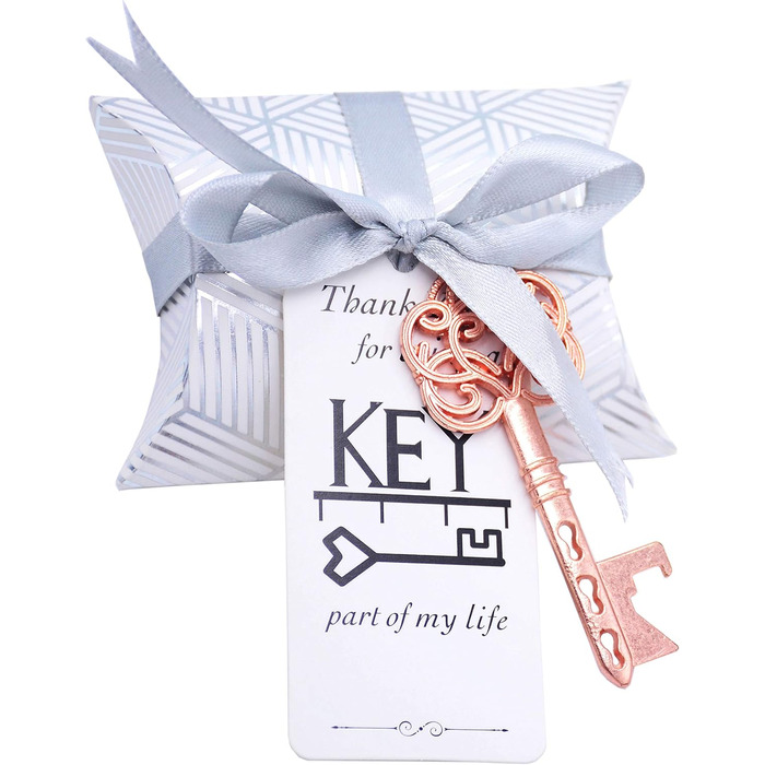Makhry 50 Pcs Vintage Key Bottle Openers Wedding Key Skeleton Key Bottle Openers Wedding Favors Set with Pillow Boxes and Label (Rose Gold)
