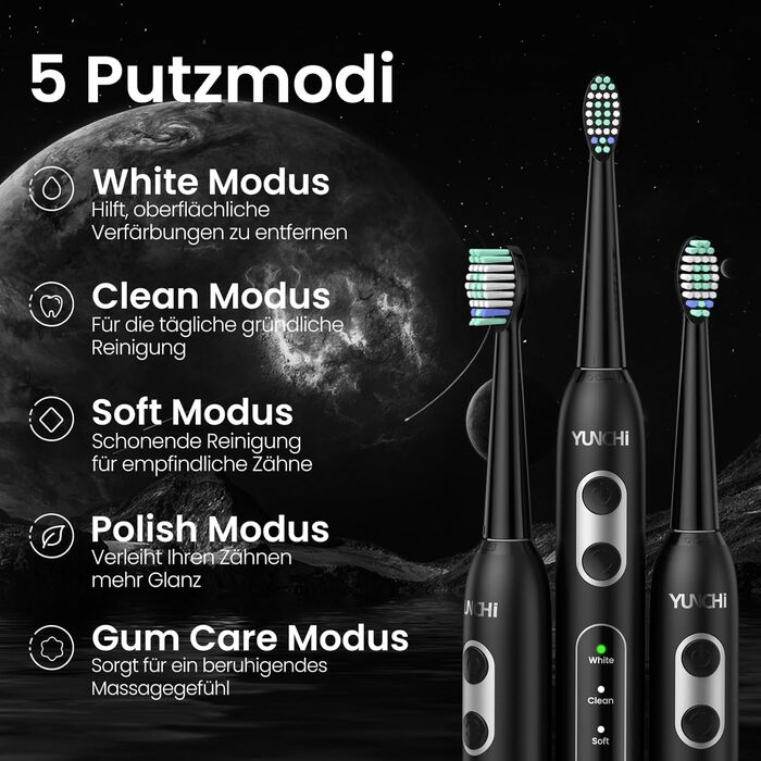 Електрична зубна щітка YUNCHI C2 з 40000 VPM, звукова щітка для дорослих, зарядка USB-C, 55 днів роботи від акумулятора, 5 режимів чищення, таймер 2 хвилини, 8 насадок, дорожній футляр, чорна YUNCHI C2