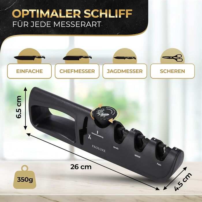 Точилка для ножів Proluxe® Profi з кутовою направляючою та точилка для ножиць – з захисними рукавичками. 4-ступенева ручна точилка для кухонних ножів, ножів дамаск та ножиць – алмазний точильний пристрій