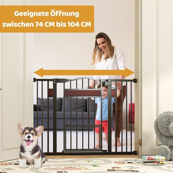 Захист для дверей Costway для собак, 74-104 см, 76 см висота, з маленькими дверцятами, 2 розширення, автозакривання та подвійний замок, без свердління, розсувне захисне ґратка для собак (Білий/Чорний)