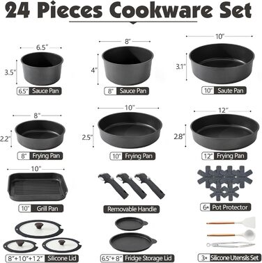SENSARTE 24-Piece Nonstick Cookware Set - Pots & Pans Set for Induction, Dishwasher & Oven Safe - Healthy RV Cookware (Black)