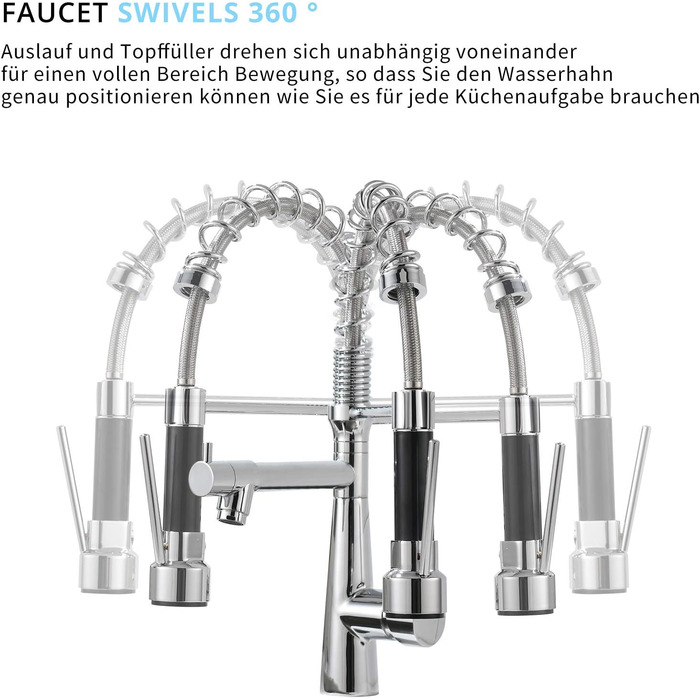 Змішувач кухонний LED Chrome з висувною лійкою, 360° поворот, 2 виходи, для кухні