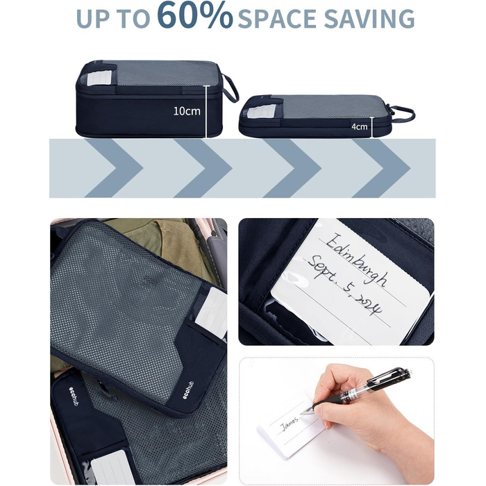 Органайзери для валізи ECOHUB, набір 4 шт. з мітками, екологічні, для рюкзака та валізи, з міцною сіткою, тревел-органайзер (зелений, темно-синій)