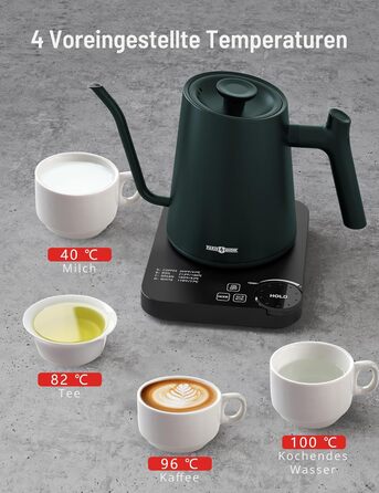 Paris Rhone Swan Neck Electric Kettle - 0.9L Temperature Control Kettle with Display, Knob, and 24-Hour Keep Warm Function - Dark Green