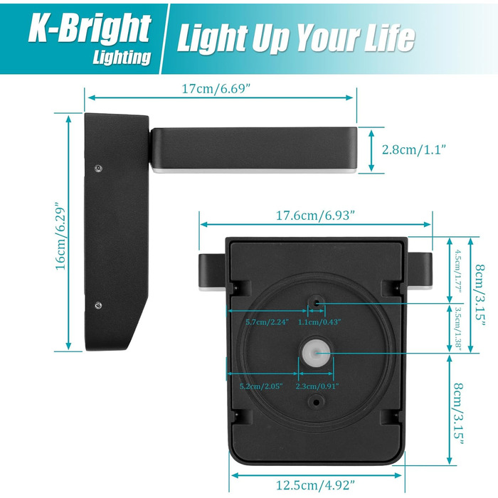 Зовнішнє LED-світильник K-Bright з датчиком руху, водонепроникний IP65, для балкона та саду, темно-сірий