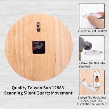 ACCSHINE Wall Clock Wood Oak Silent No Ticking Sound 30cm Quartz Large Easy to Read for Living Room Kitchen Bedroom Office School (Wood Color - Arrow Hands)