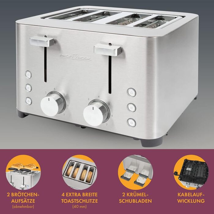 ProfiCook® Toaster | 4-Slice Toaster | Stainless Steel Housing | 1500 Watts | Wide Slot | Bagel Attachment (removable) | 7 Adjustable Browning Levels | Crumb Tray | Cord Retraction | PC-TA 1252 PC-TA 1252 inox