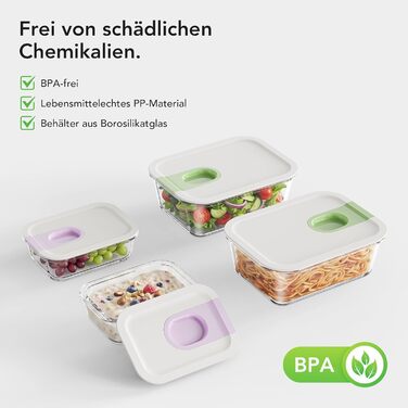 Скляні контейнери для зберігання їжі з кришками набір, Meal Prep, скляні миски герметичні, для мікрохвильовки, духовки, морозилки, посудомийки, для сім'ї, офісу, кухні (Кольорові)