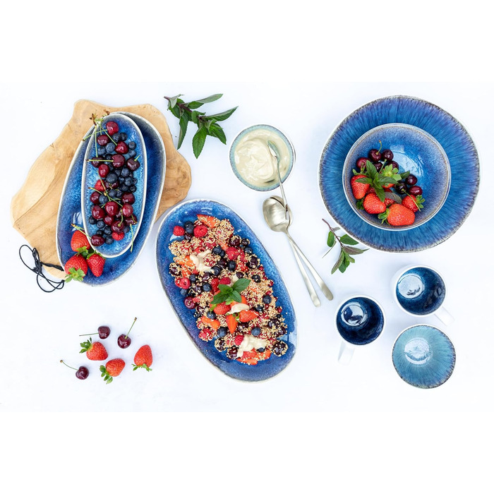 MÄSER Frozen Series Set of 3 Serving Plates, Ceramic Serving Dishes in 3 Sizes, Modern Vintage Look, Colorfully Speckled Glaze, Stoneware, Blue Small