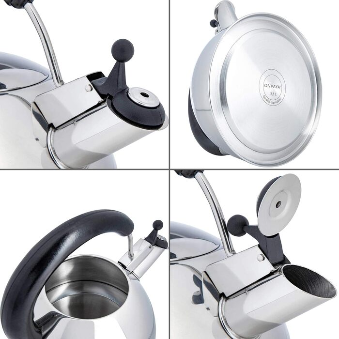 ONVAYA® Чайник з нержавіючої сталі | 2,5 л | Електрочайник | Чайник-заварник | Класичний свистковий чайник з мелодійним звуком | Для індукційних плит