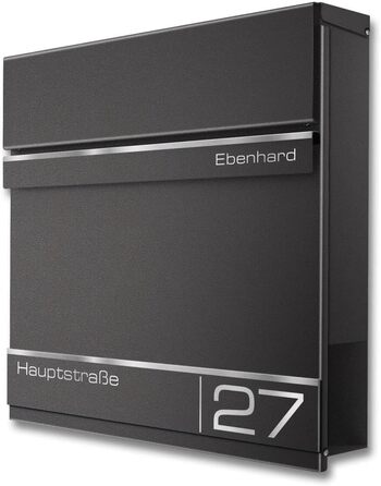 Поштова скринька Metzler Anthrazit RAL 7016 з газетницею та номерним знаком - персоналізована лазерним гравіюванням | Сучасна водонепроникна та стійка до іржі поштова скринька Hermann (Db703)