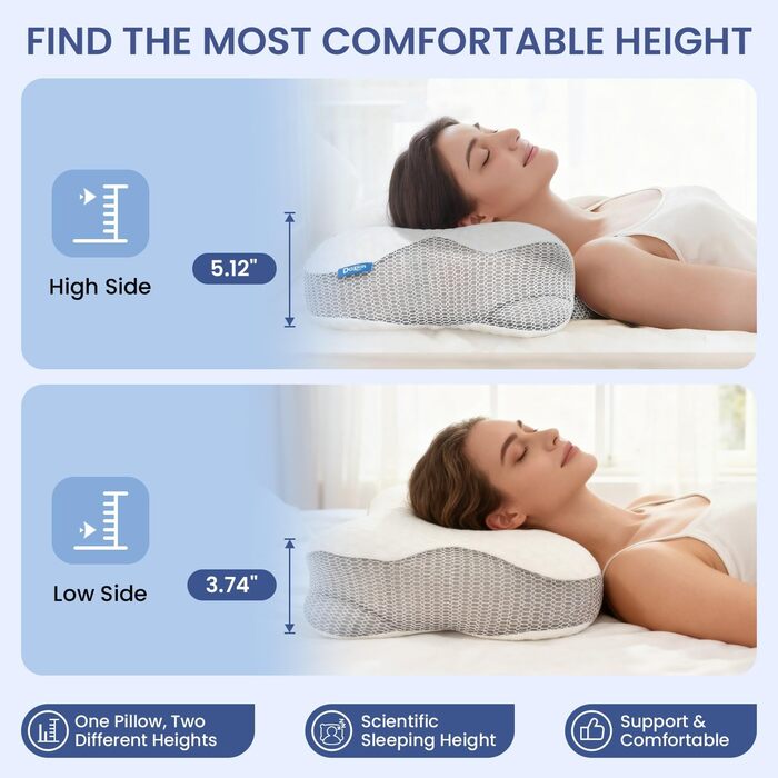 Подушка для шиї з піни Memory Foam, ортопедична для сну на боку, спині та животі (1 шт.), світло-біла