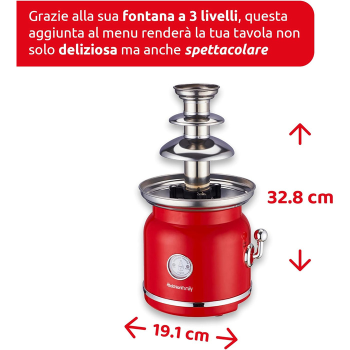 Шоколадний фонтан Melchioni Family Choco з 3 рівнями, з підігрівом та мотором, 90 Вт, червоний