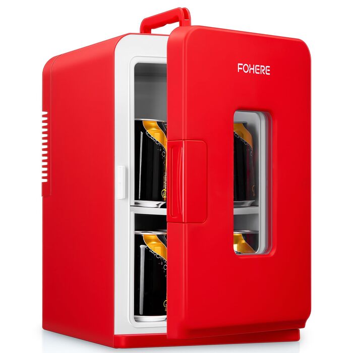 FOHERE Міні-холодильник 2в1, 15л з функцією охолодження та підігріву, для авто, офісу та гуртожитку, ECO-тихий режим, для косметики та напоїв (червоний)