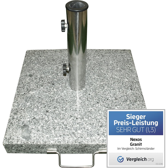 Umbrella Stand, Granite Umbrella Stand, Square, 45x45 cm, approx. 25kg, Stainless Steel Tube Handle, Transport Wheels, Grey