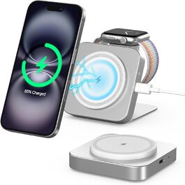 Бездротова зарядка MagSafe для Apple Watch та iPhone, сумісна з iPhone 16/15/14/13/12, iWatch, AirPods Pro 3/2 (срібна)