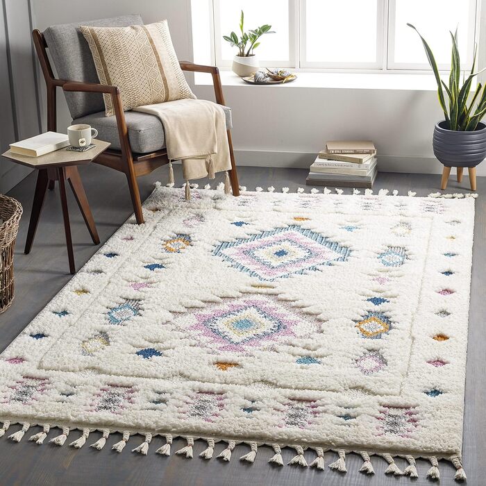 Surya Suva Rug Bedroom, Living Room, Dining Room, Hallway - Modern Boho Rug Geometric Pattern - Soft Scandinavian Living Room Rug Blue, Lavender, Orange, White - 160x213cm Large Lavender, Blue, Yellow