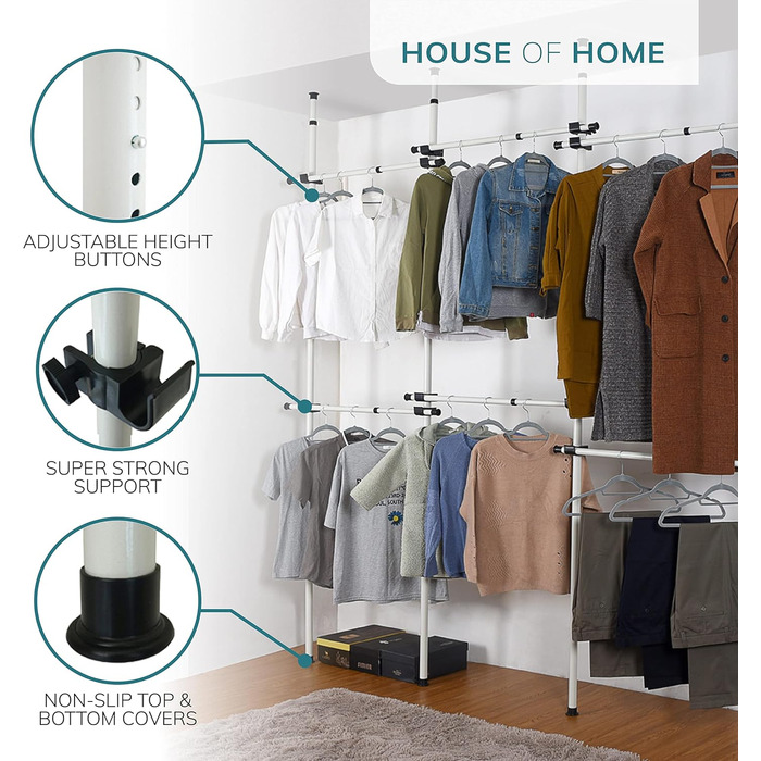 Robust, triple-extendable clothes rod by House of Home – Replacement for closet rod – Adjustable shelf support – Clothes storage