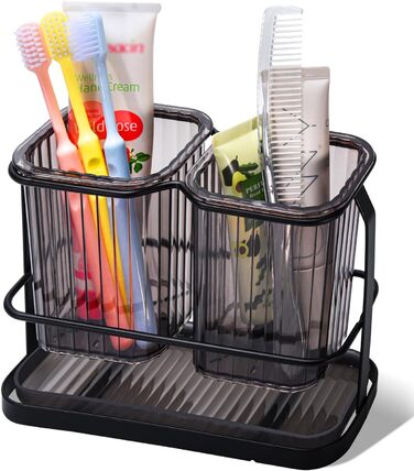 KONE Toothbrush Holder, Wall Mount, Bathroom, Hanging Electric Toothbrush Holder with 2 Removable Compartments, Drainage, Dry and Wet Separation for Bathroom, Kitchen, Family (White) (Black)