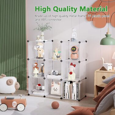 C&AHOME UPCS09M Dice Storage Organizer, 9-Cube Shelves, Closet Organizer, DIY, Plastic, Modular Bookshelf, Ideal for Bedroom, Living Room, Milky White (Transparent White)